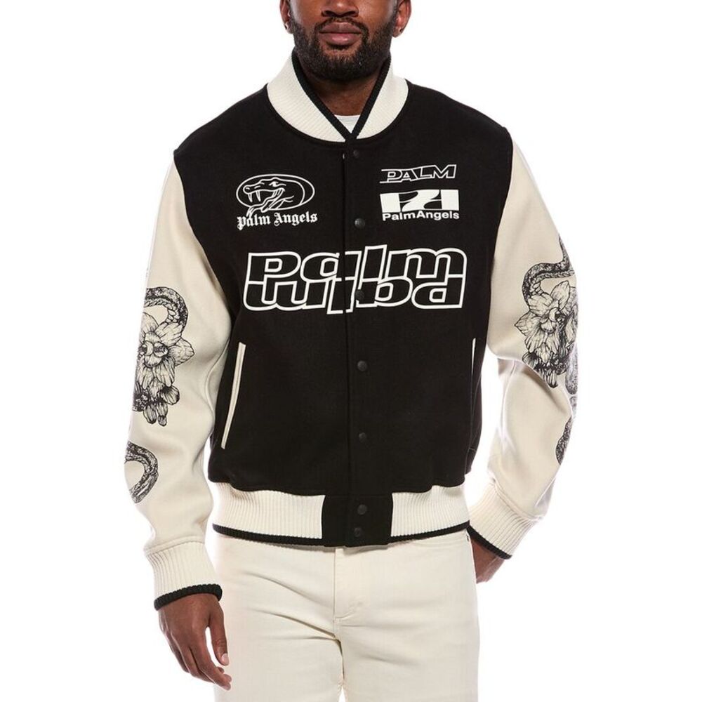 Palm Angels Mens Logo Wool-Blend Jacket, Black